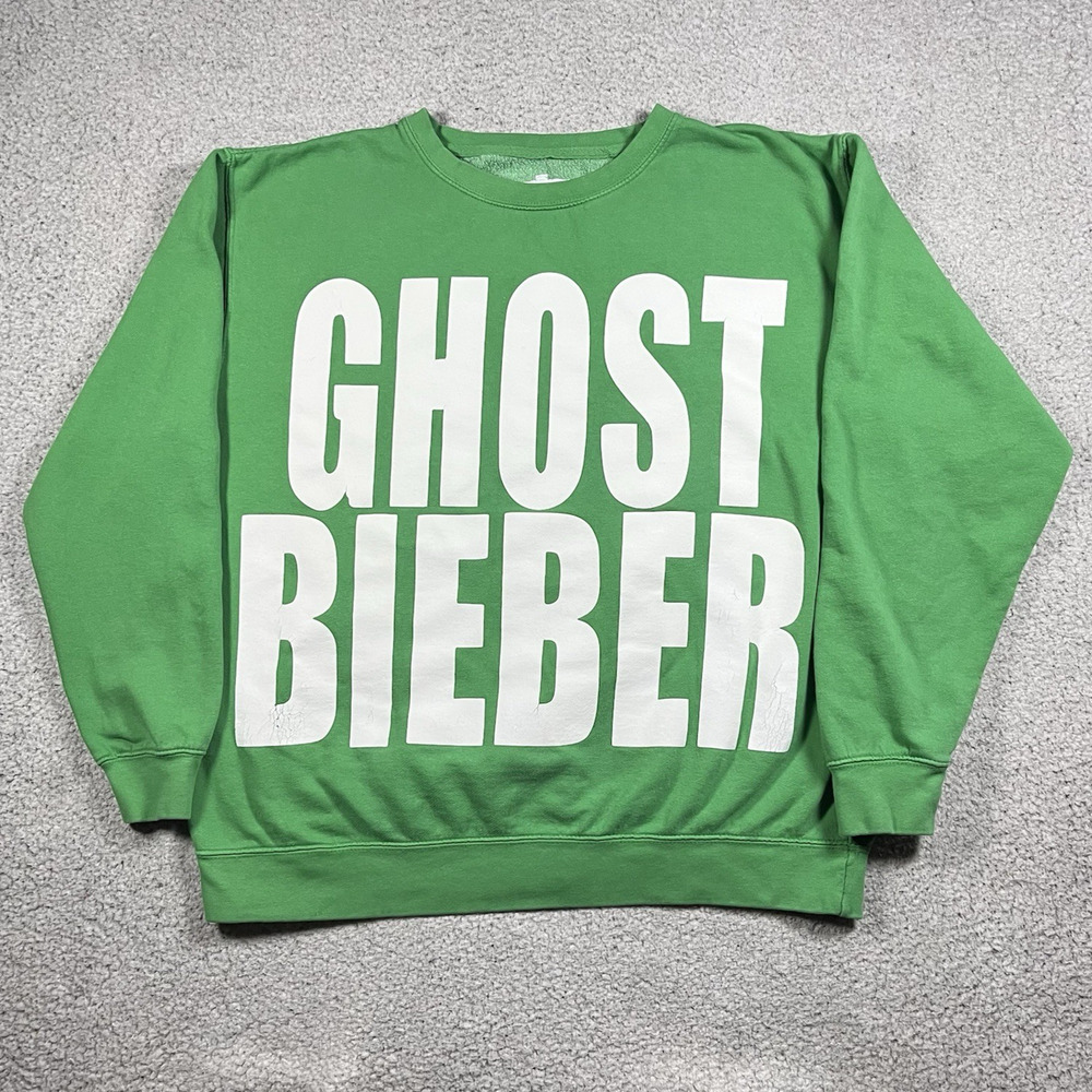 Justin Bieber Sweatshirt Mens L Green Ghost Justice Tour Merch Concert Crewneck